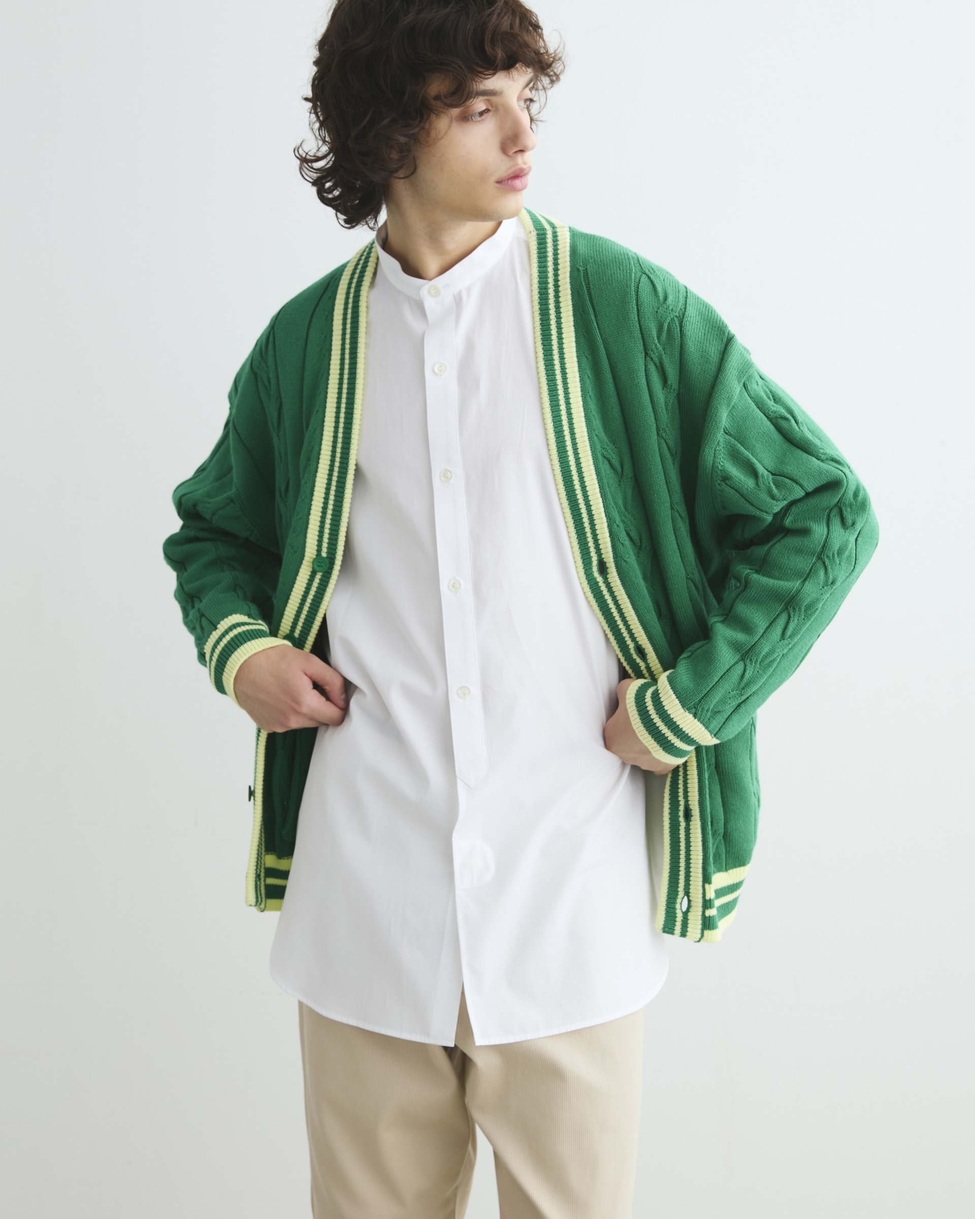 TILDEN V NECK CARDIGAN Vネックカーディガン|グリーン×イエロー