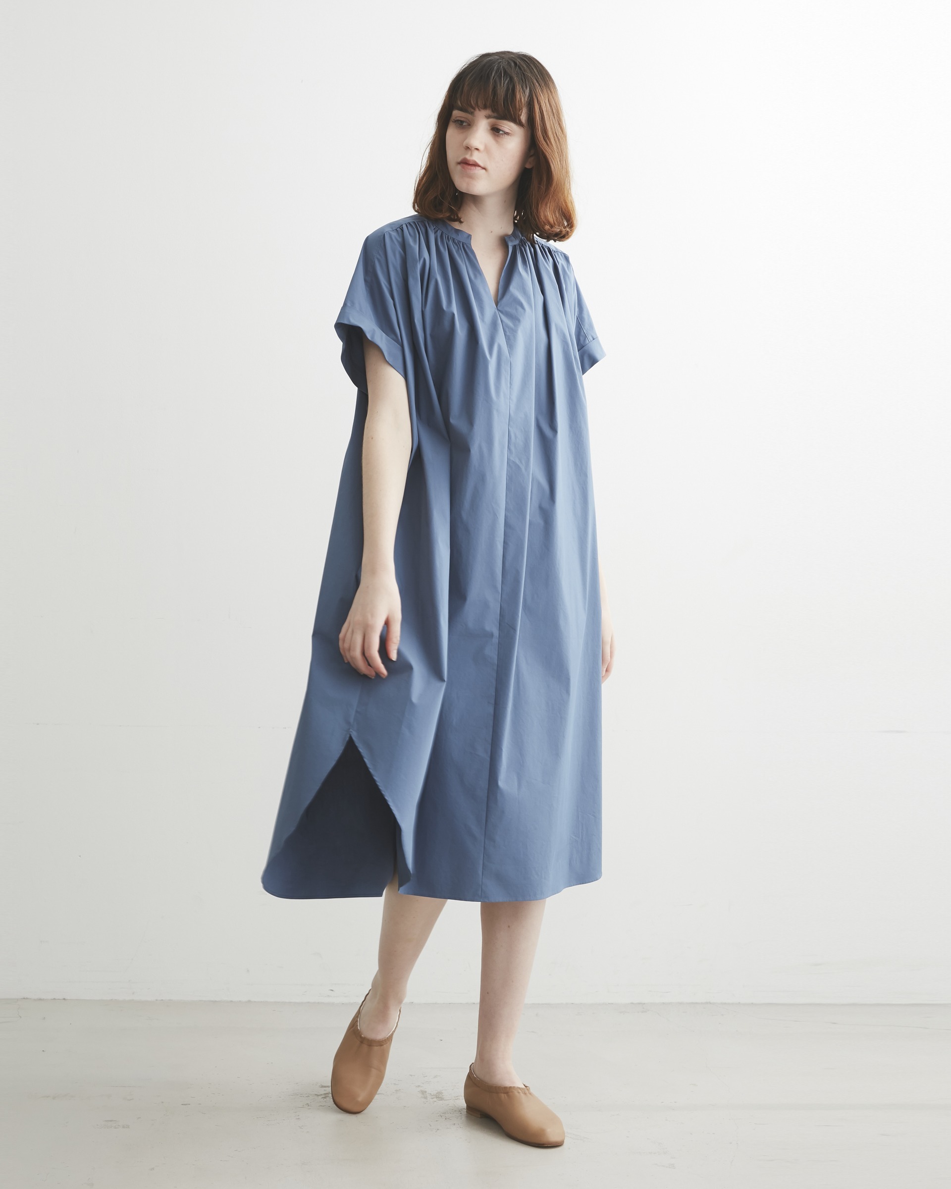 撥水】GATHEREDCAFTANLONG SHORTSLEEVE ONEPIECE ギャザーカフタン 