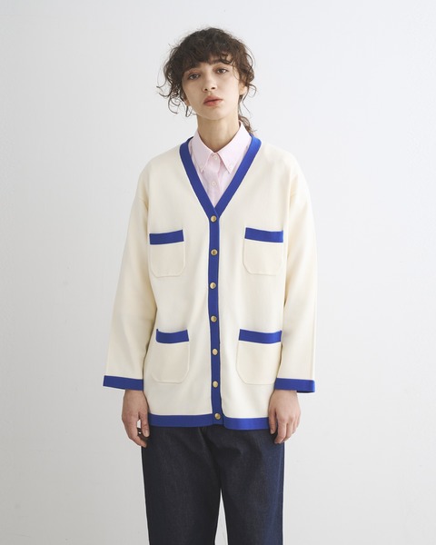 ARKLEY KNIT V LONG アークリー ニット V ロング｜オフホワイト×ブルー 