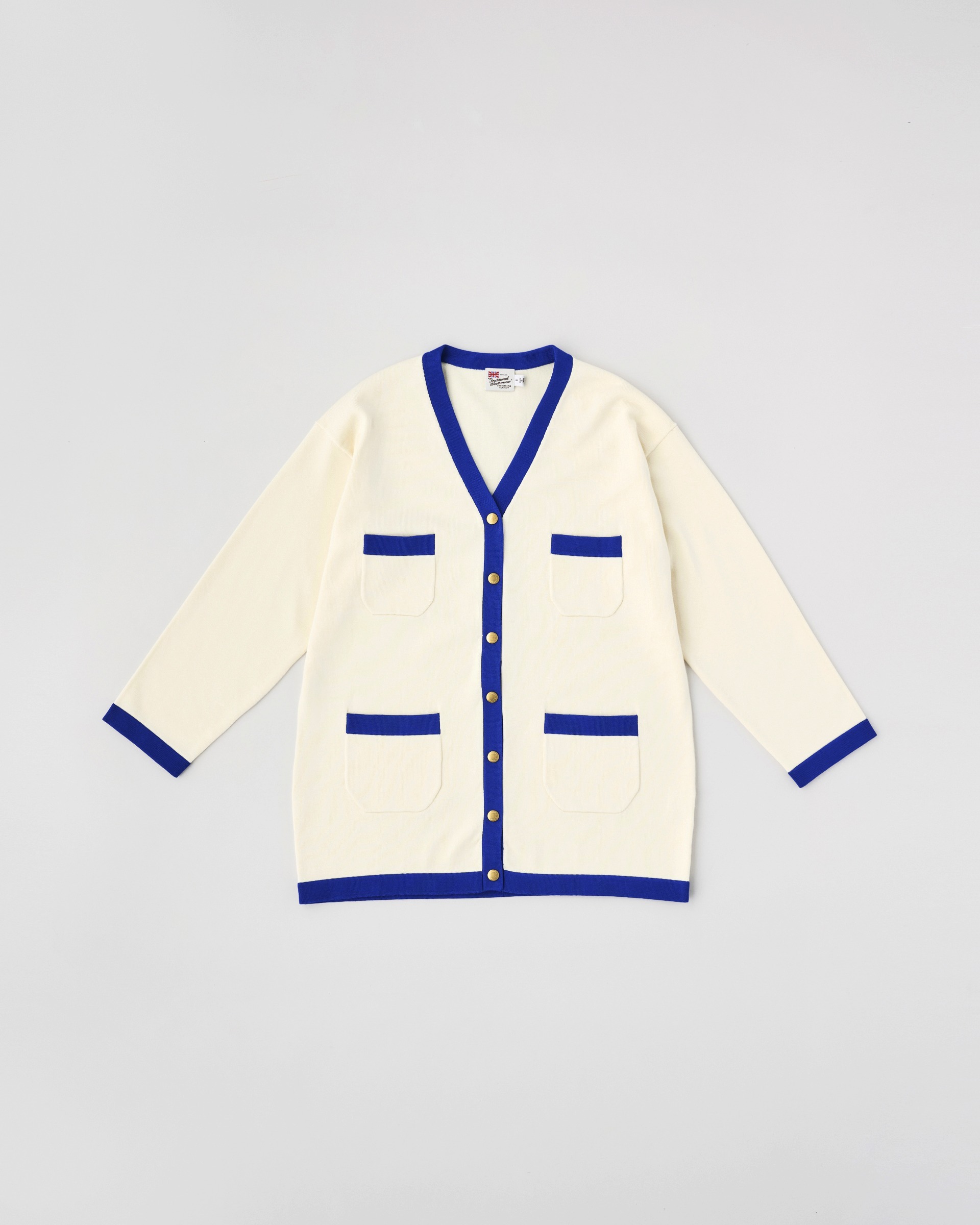 ARKLEY KNIT V LONG アークリー ニット V ロング｜オフホワイト×ブルー 